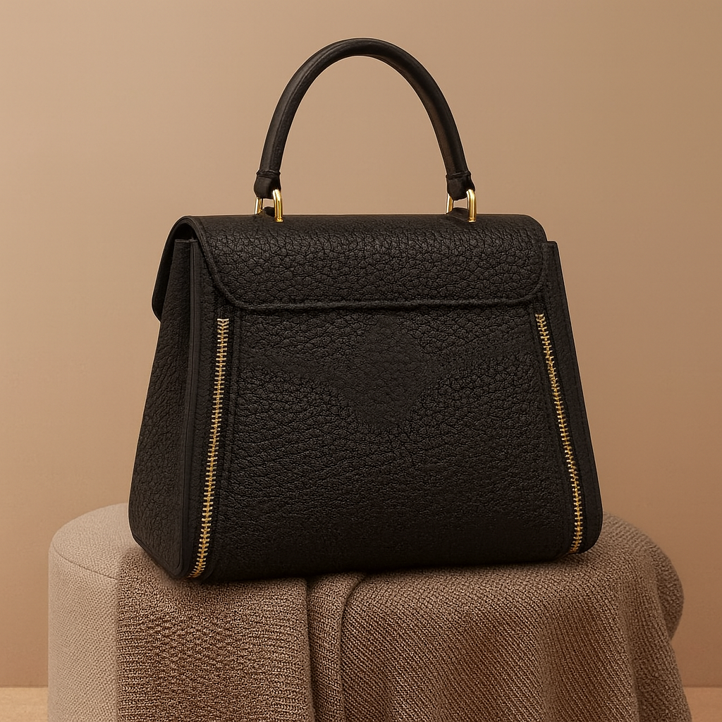 Premium Black Textured Handbag with Golden Diamond Clasp