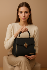 Premium Black Textured Handbag with Golden Diamond Clasp