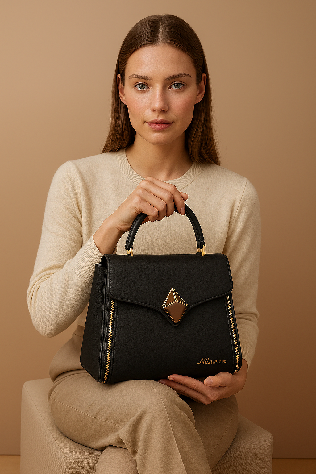 Premium Black Textured Handbag with Golden Diamond Clasp