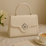 Premium Cream Ribbed-Texture Top-Handle Sling Bag with Designer Metallic Twist Lock