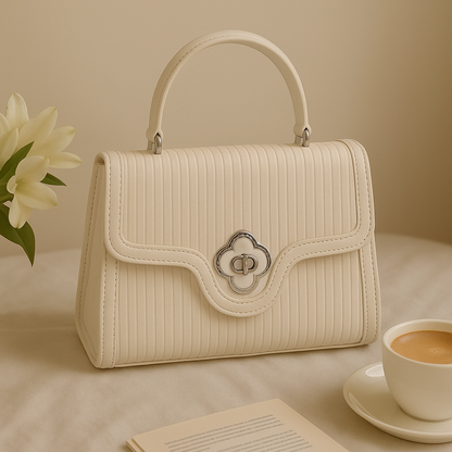 Premium Cream Ribbed-Texture Top-Handle Sling Bag with Designer Metallic Twist Lock
