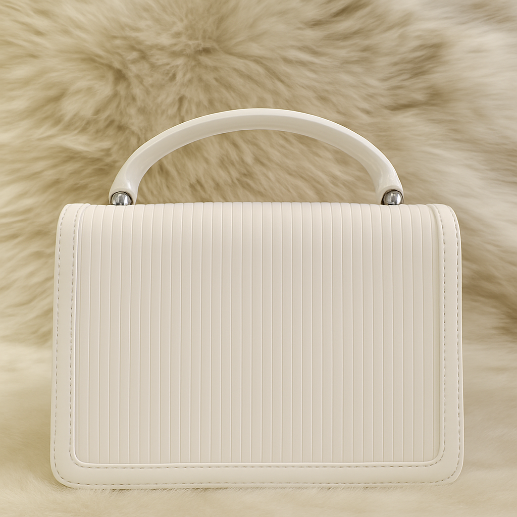 Premium Cream Ribbed-Texture Top-Handle Sling Bag with Designer Metallic Twist Lock
