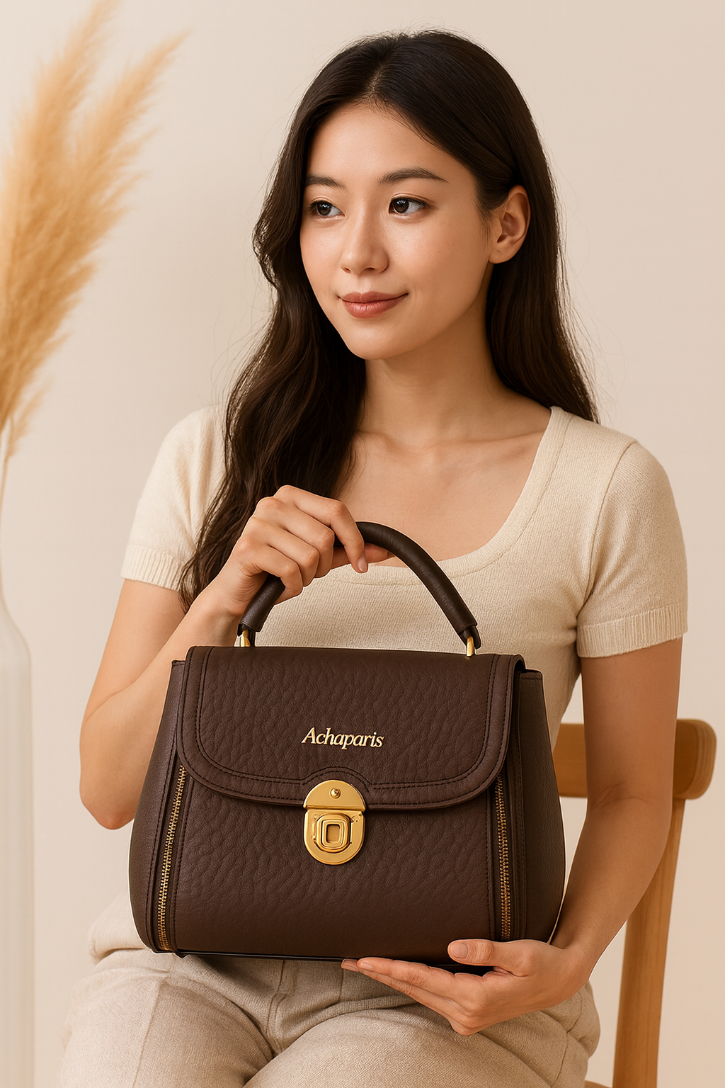 Premium Dark Brown Textured Handbag with Golden Lock Closure