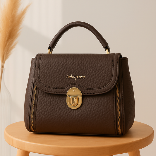 Premium Dark Brown Textured Handbag with Golden Lock Closure