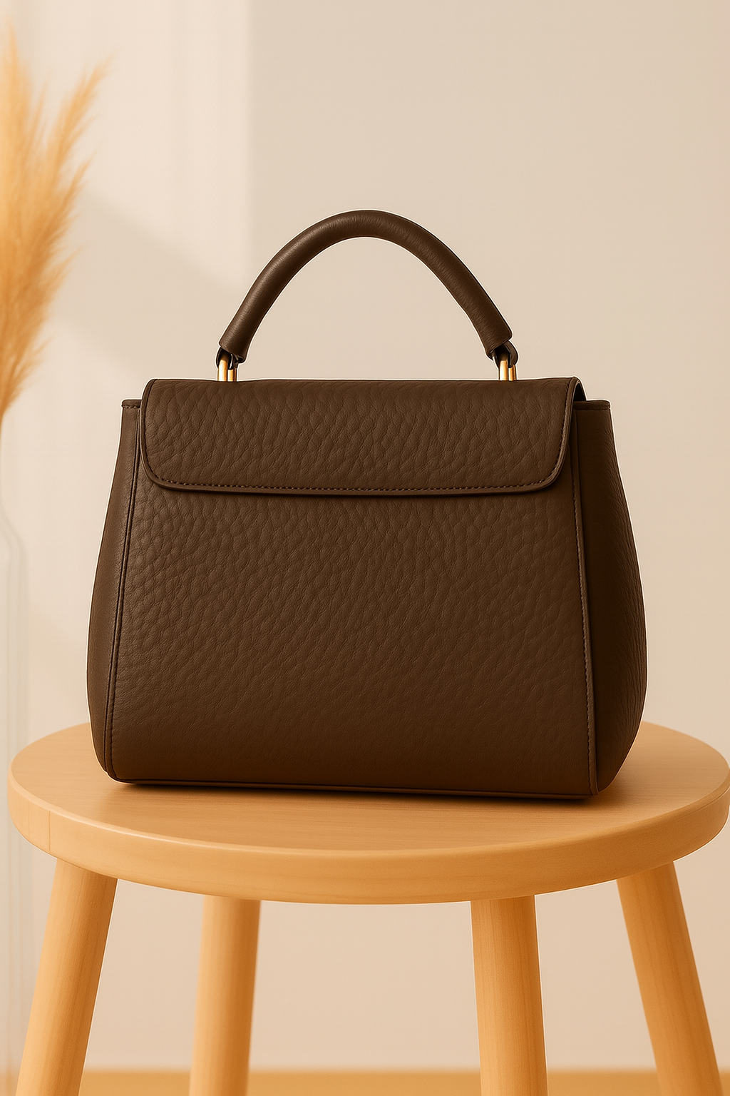 Premium Dark Brown Textured Handbag with Golden Lock Closure