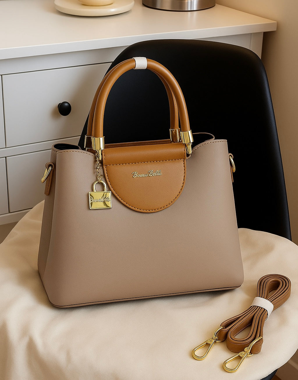 Premium Dual-Tone PU Leather Structured Handbag with Top Handles & Detachable Sling Strap – Beige & Tan