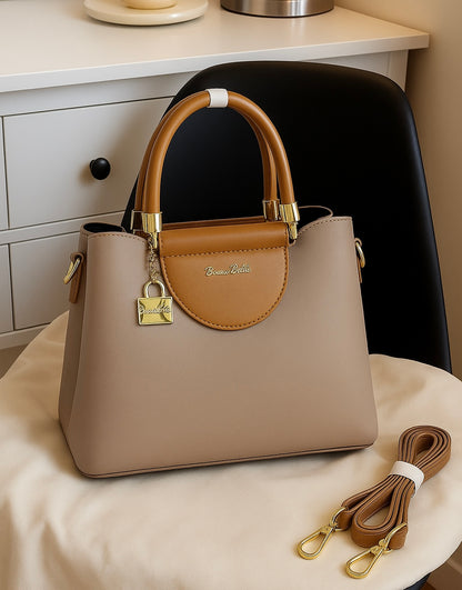 Premium Dual-Tone PU Leather Structured Handbag with Top Handles & Detachable Sling Strap – Beige & Tan