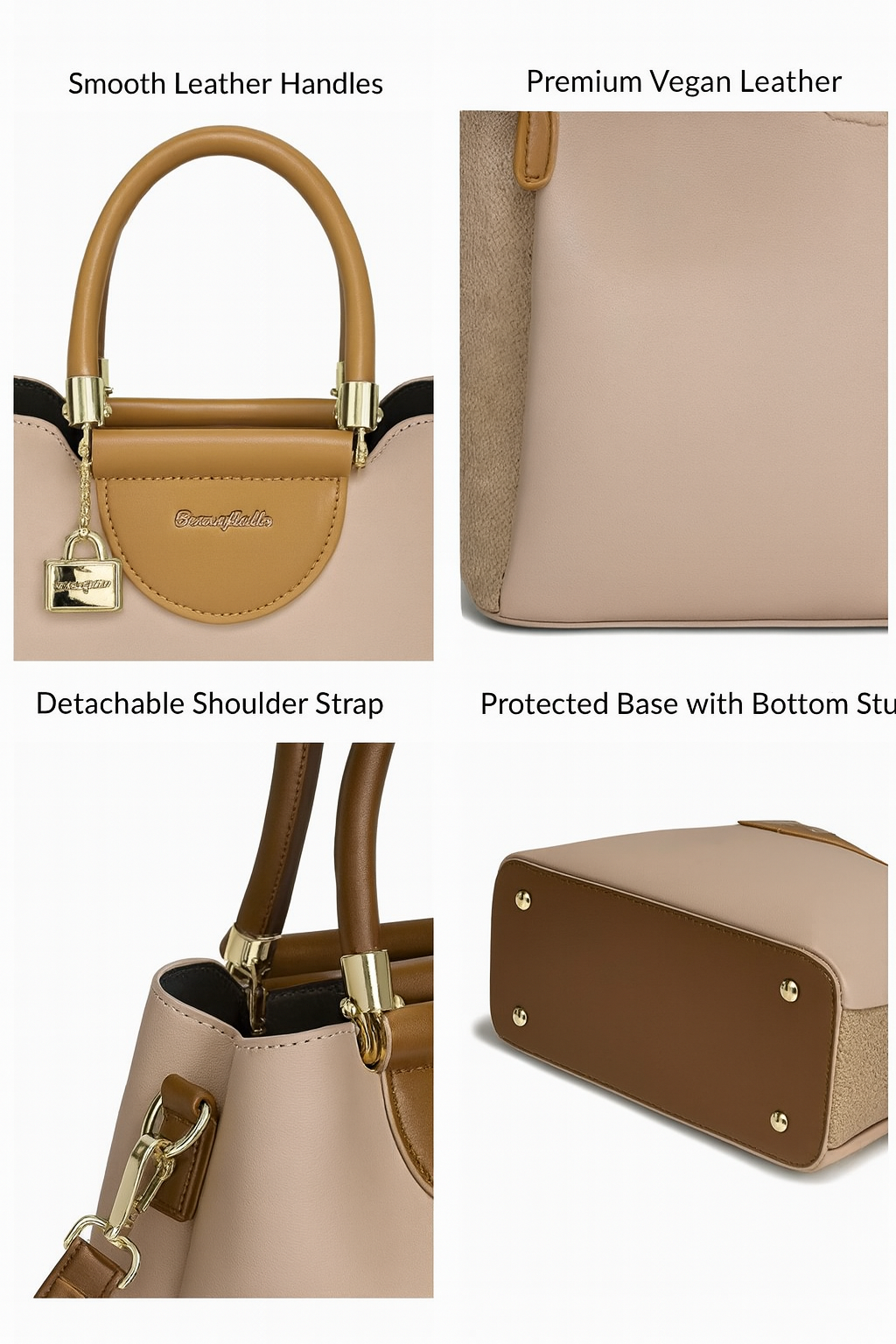 Premium Dual-Tone PU Leather Structured Handbag with Top Handles & Detachable Sling Strap – Beige & Tan