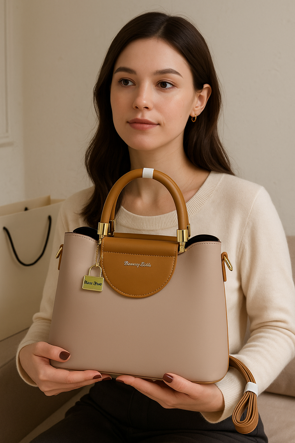 Premium Dual-Tone PU Leather Structured Handbag with Top Handles & Detachable Sling Strap – Beige & Tan