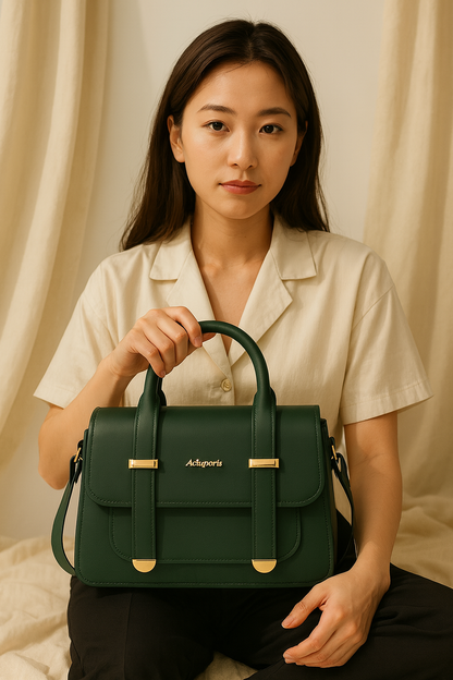 Premium Elegant Green Structured Handbag with Gold Detailing