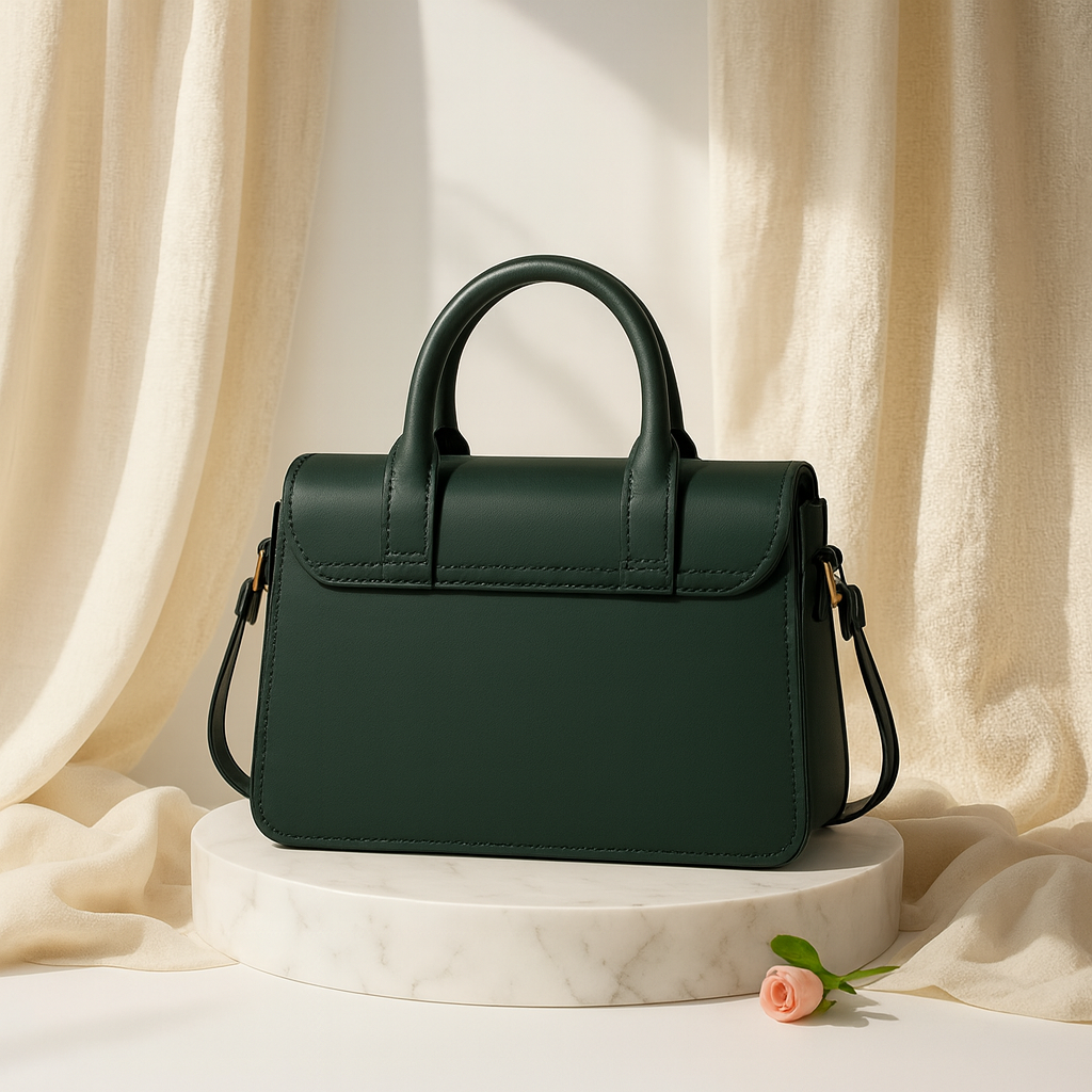 Premium Elegant Green Structured Handbag with Gold Detailing