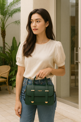Premium Elegant Green Structured Handbag with Gold Detailing