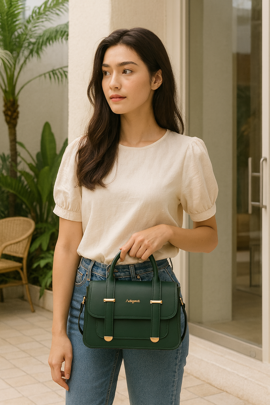 Premium Elegant Green Structured Handbag with Gold Detailing