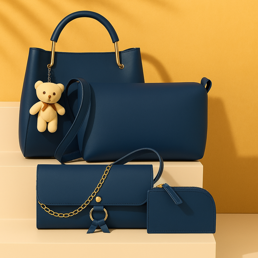 Premium Navy Blue Women’s Handbag Combo Set – 4 Pieces (Trendy Shoulder Bag, Crossbody Sling, Wallet & Mini Pouch with Teddy Keychain)