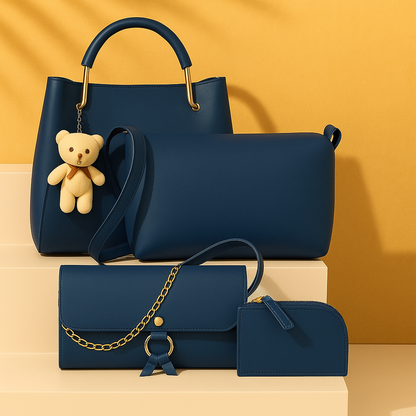 Premium Navy Blue Women’s Handbag Combo Set – 4 Pieces (Trendy Shoulder Bag, Crossbody Sling, Wallet & Mini Pouch with Teddy Keychain)
