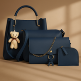 Premium Navy Blue Women’s Handbag Combo Set – 4 Pieces (Trendy Shoulder Bag, Crossbody Sling, Wallet & Mini Pouch with Teddy Keychain)