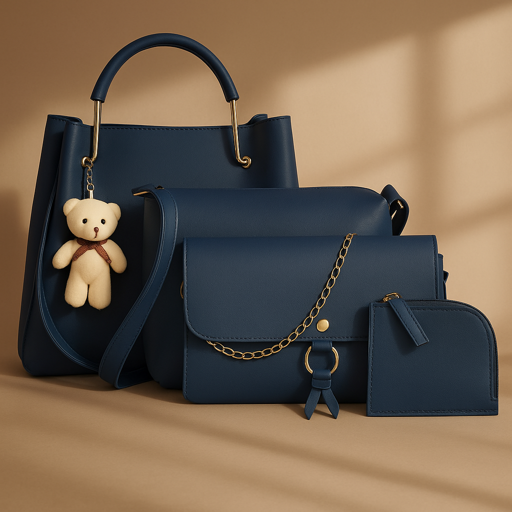 Premium Navy Blue Women’s Handbag Combo Set – 4 Pieces (Trendy Shoulder Bag, Crossbody Sling, Wallet & Mini Pouch with Teddy Keychain)