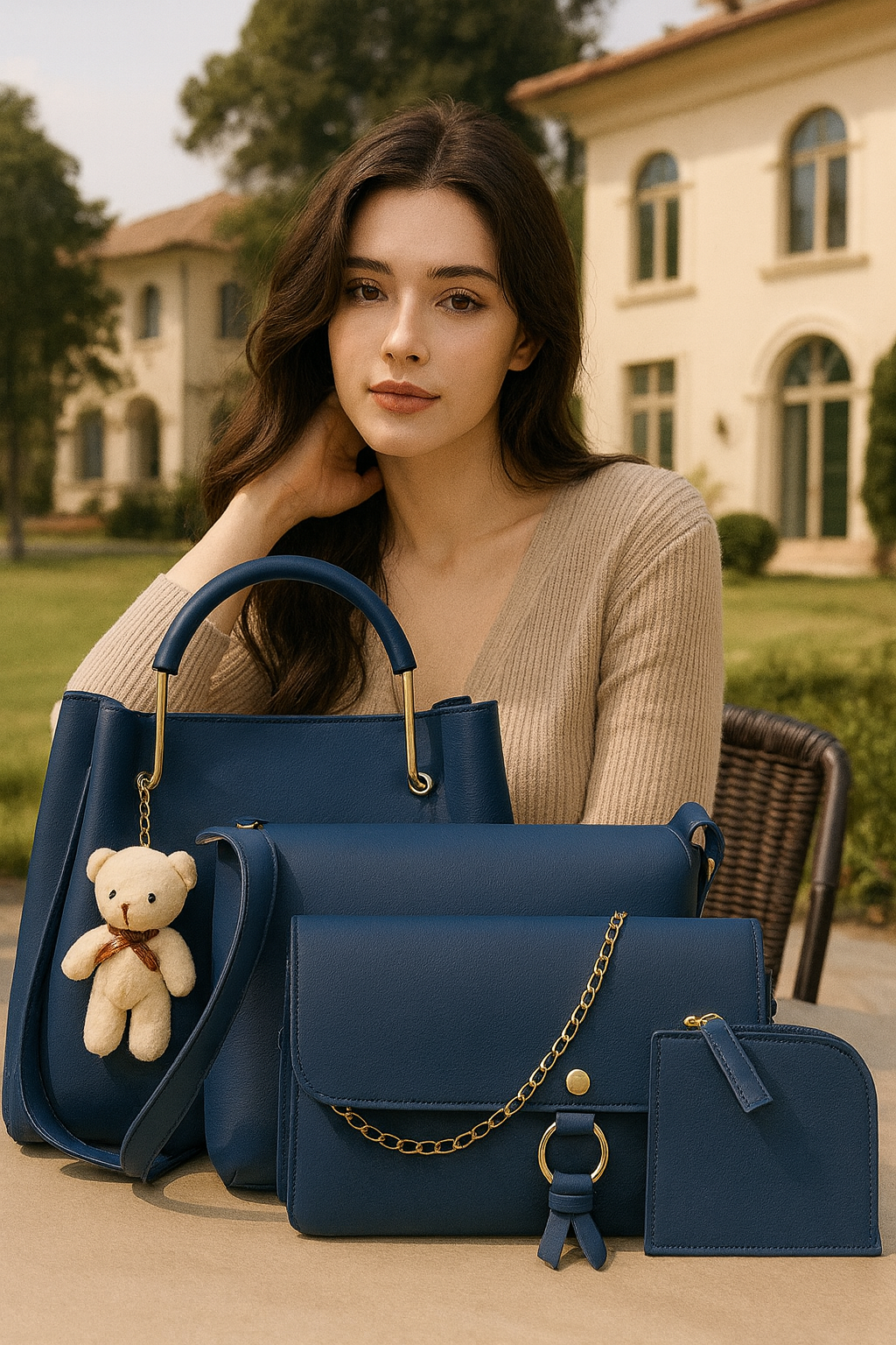 Premium Navy Blue Women’s Handbag Combo Set – 4 Pieces (Trendy Shoulder Bag, Crossbody Sling, Wallet & Mini Pouch with Teddy Keychain)
