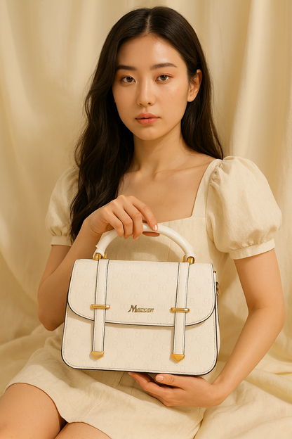 Premium White Textured Handbag with Gold Detailing