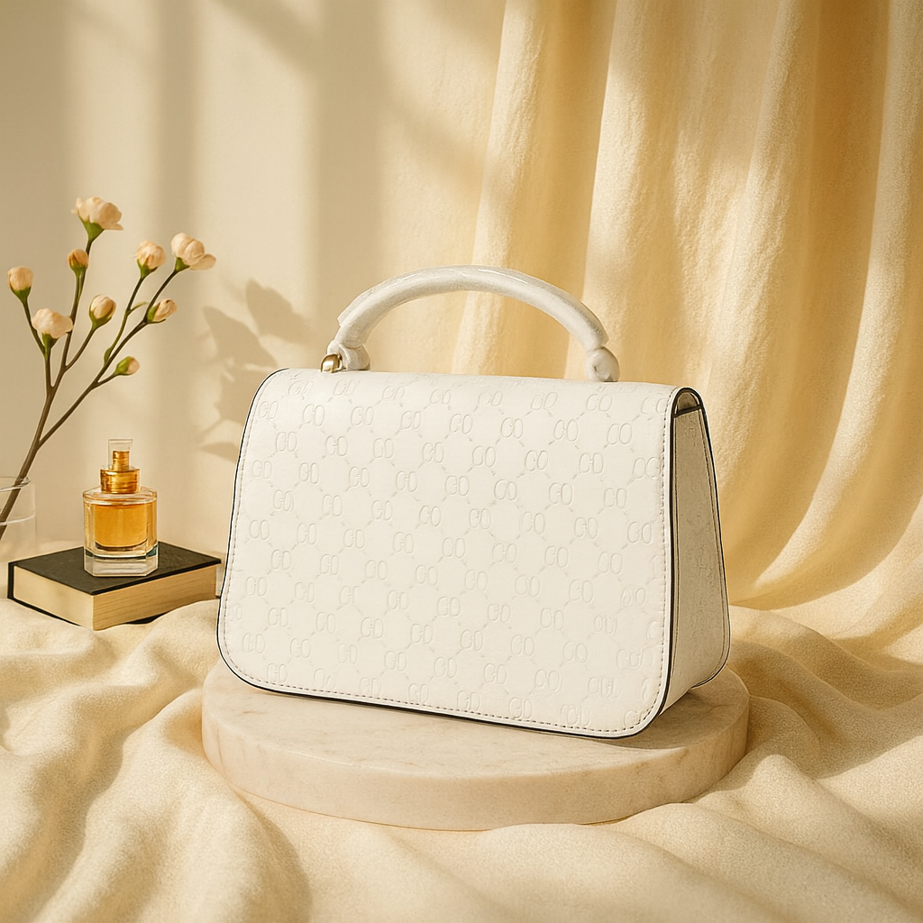 Premium White Textured Handbag with Gold Detailing