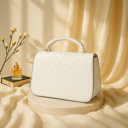 Premium White Textured Handbag with Gold Detailing