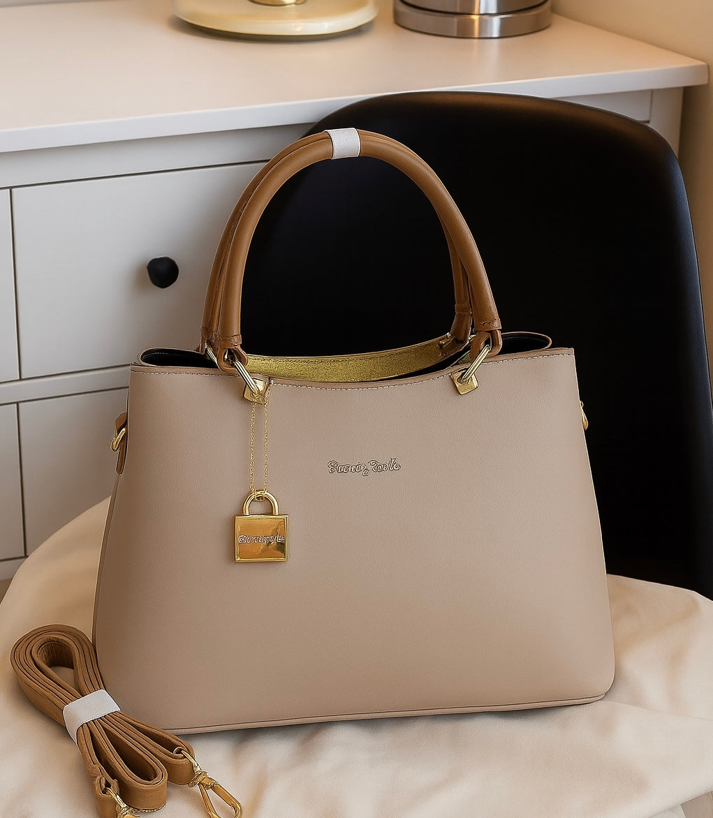 Premium Women’s Handbag – Elegant Beige Tote with Golden Lock Charm & Shoulder Strap