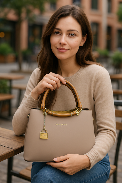 Premium Women’s Handbag – Elegant Beige Tote with Golden Lock Charm & Shoulder Strap