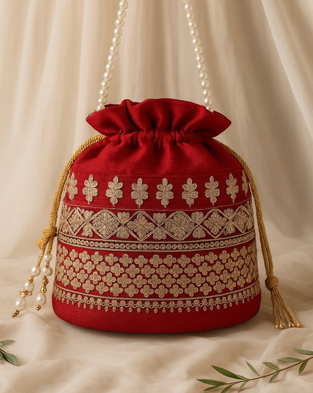 Red Embroidered Potli Bag with Pearl Handle