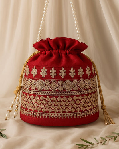 Red Embroidered Potli Bag with Pearl Handle