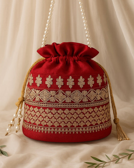 Red Embroidered Potli Bag with Pearl Handle
