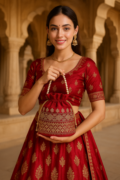Red Embroidered Potli Bag with Pearl Handle