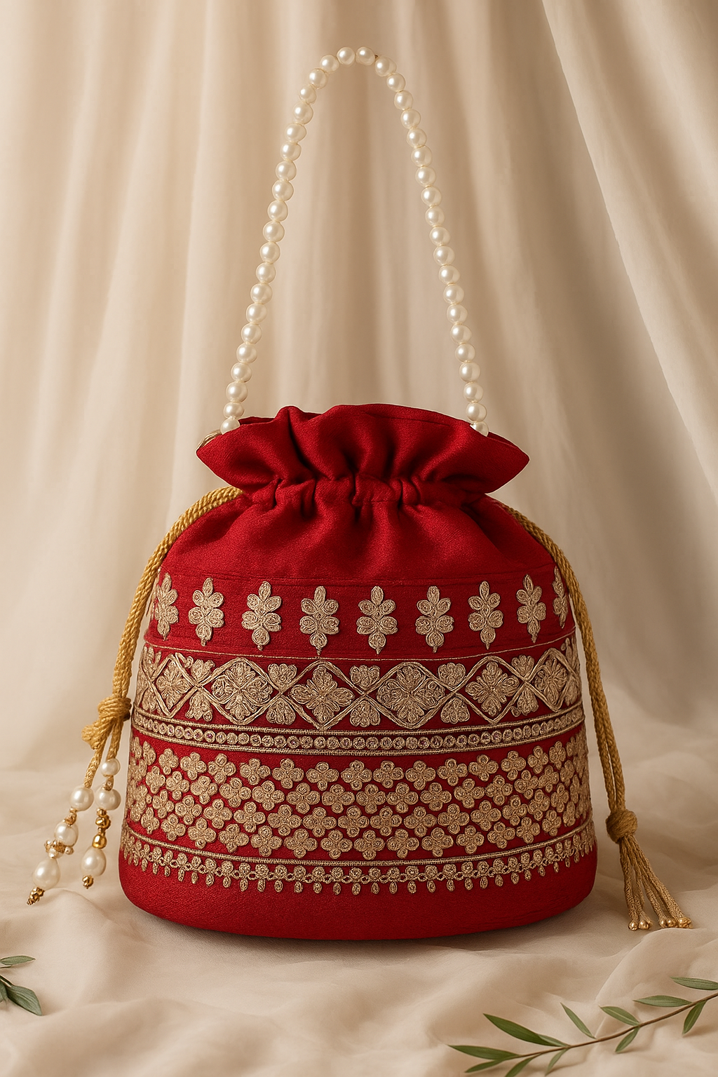 Red Embroidered Potli Bag with Pearl Handle
