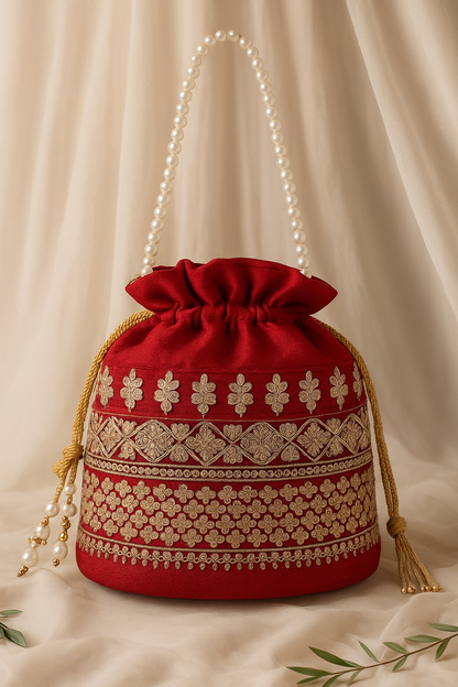 Red Embroidered Potli Bag with Pearl Handle