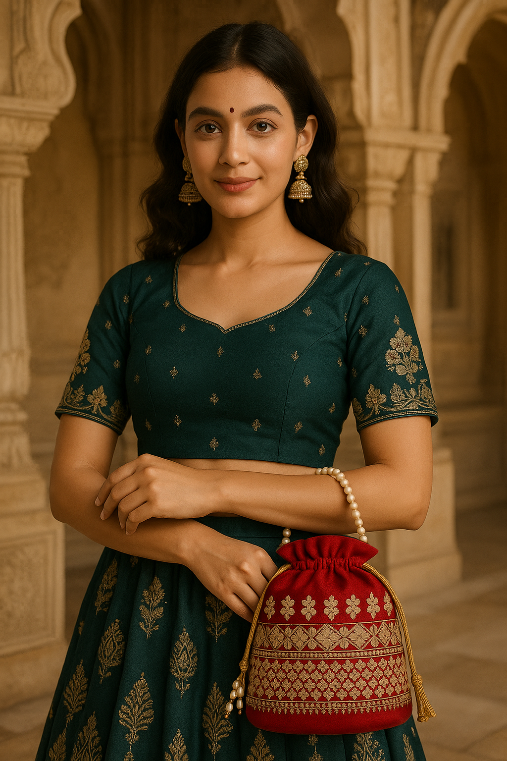 Red Embroidered Potli Bag with Pearl Handle