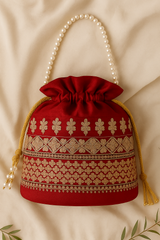 Red Embroidered Potli Bag with Pearl Handle