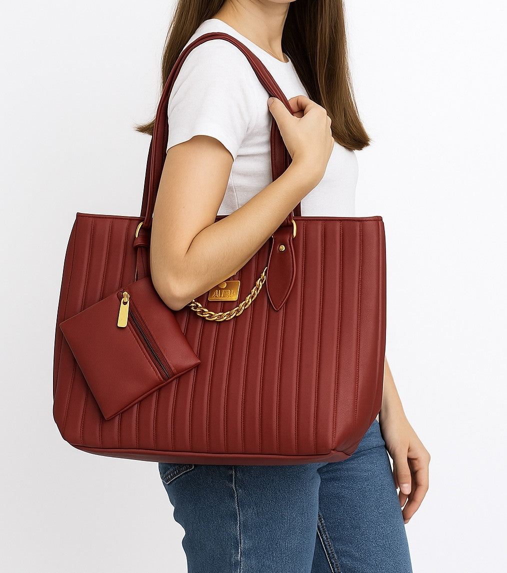 Maroon Genuine Leather Tote Bag For Women