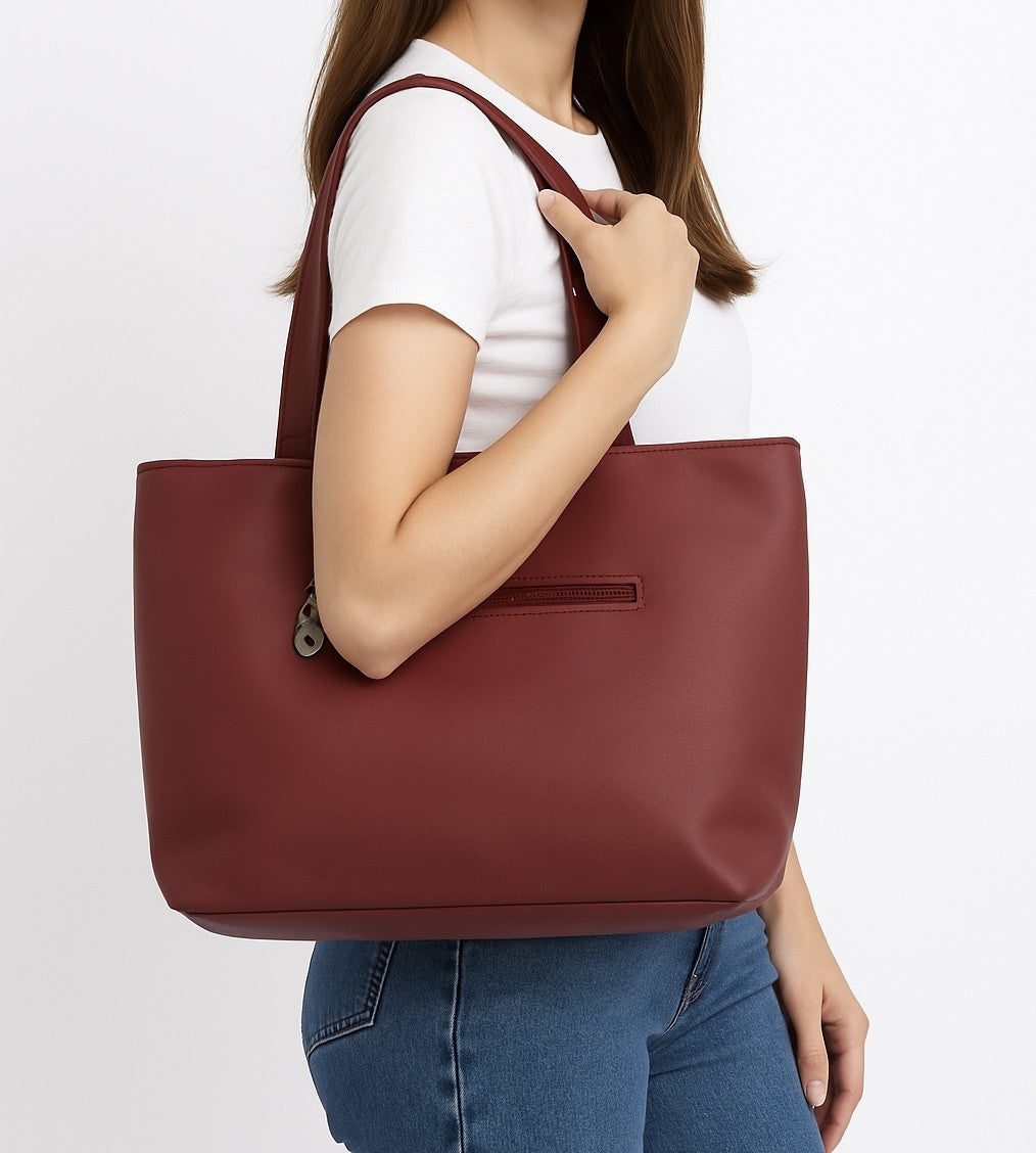 Maroon Genuine Leather Tote Bag For Women