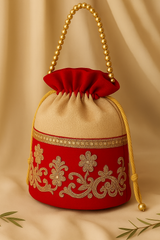 Beige & Red Embroidered Potli Bag with Golden Beaded Handle