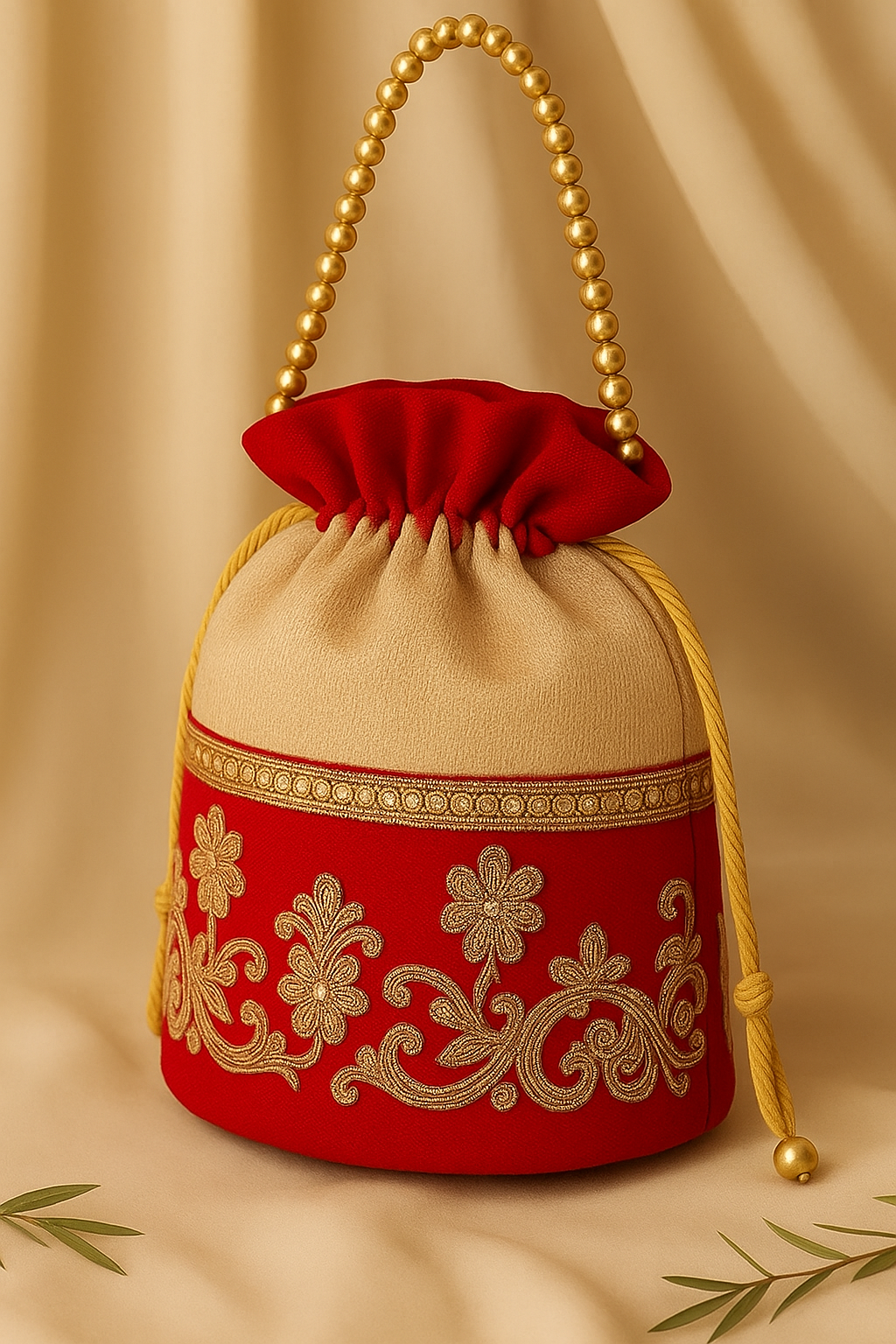 Beige & Red Embroidered Potli Bag with Golden Beaded Handle