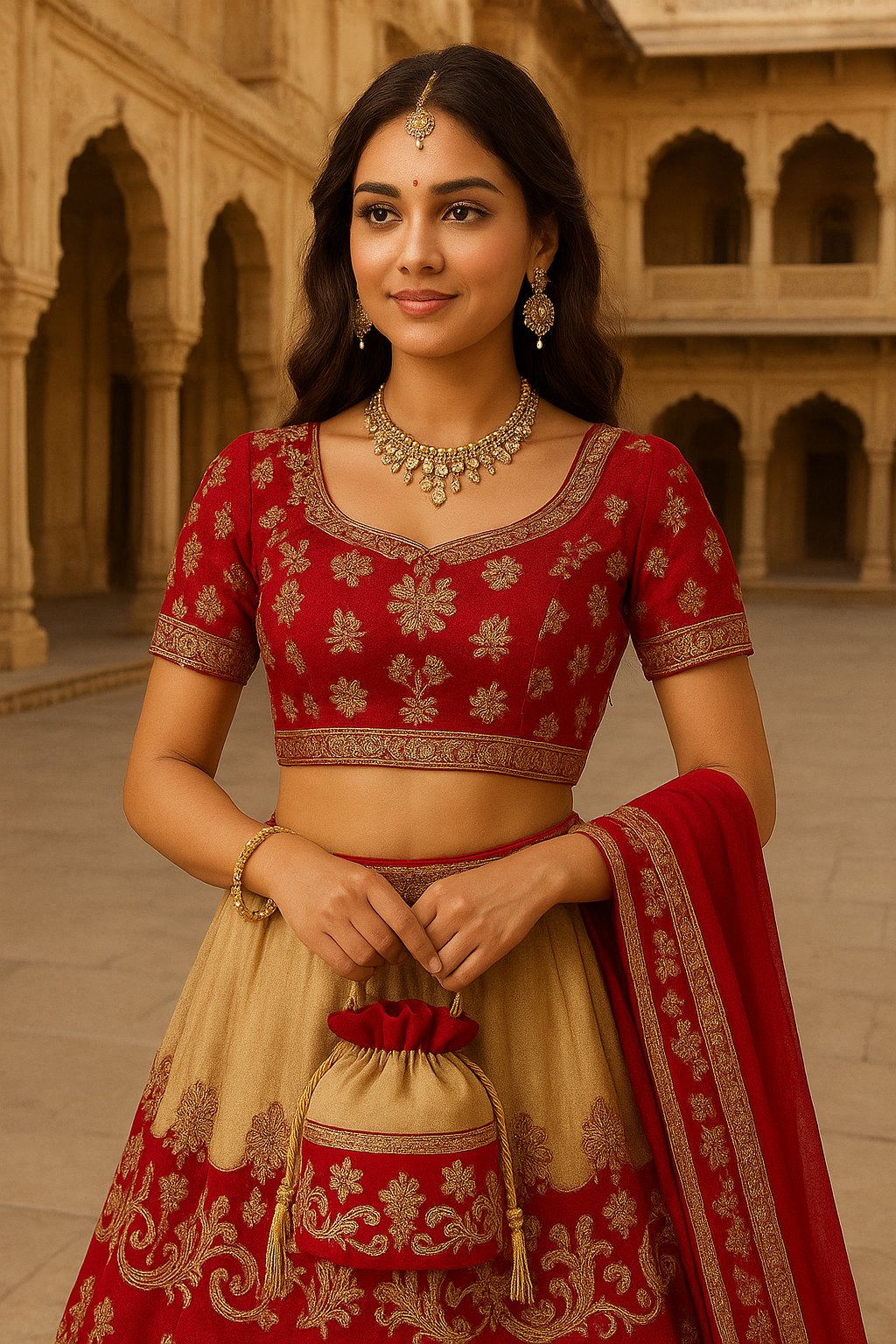 Beige & Red Embroidered Potli Bag with Golden Beaded Handle