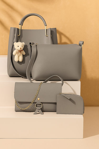 Stylish Grey Women’s Handbag Combo Set – 4 Pieces (Trendy Shoulder Bag, Sling Bag, Wallet & Mini Pouch with Teddy Keychain)