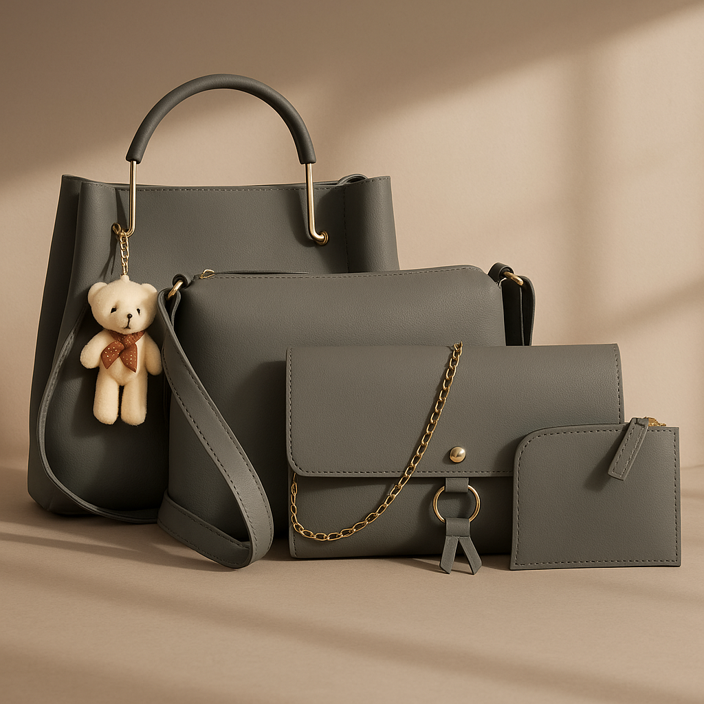 Stylish Grey Women’s Handbag Combo Set – 4 Pieces (Trendy Shoulder Bag, Sling Bag, Wallet & Mini Pouch with Teddy Keychain)