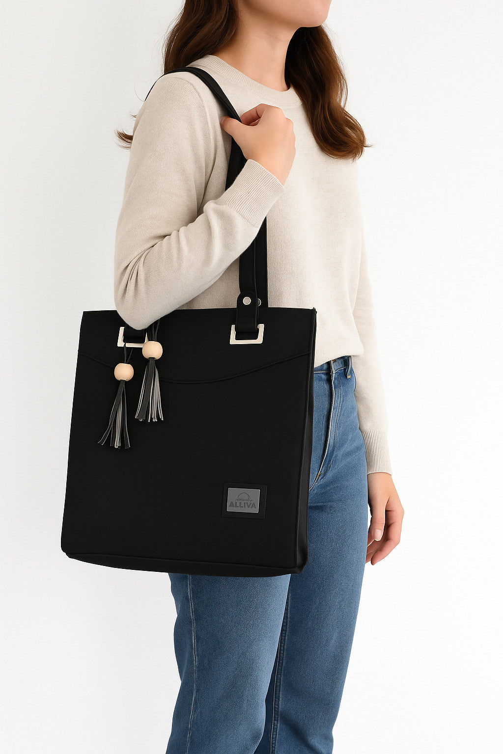 Black Artificial Leather Tote Bag For Women