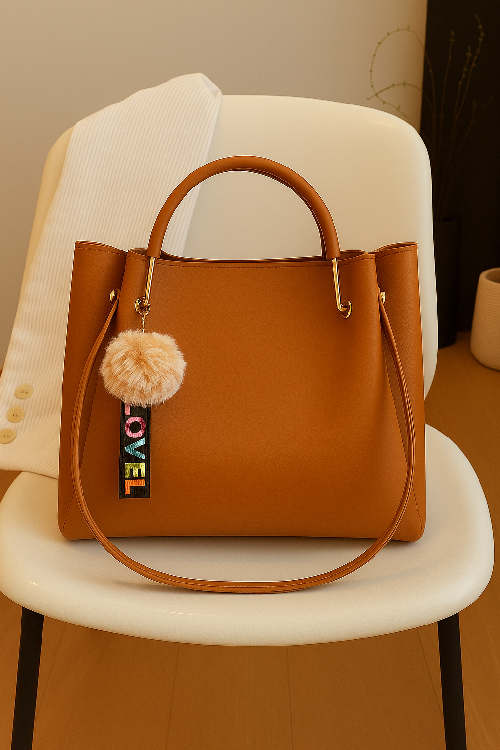 Trendy Brown Hobo Handbag with Detachable Pom-Pom & LOVE Keychain – Stylish Office & Casual Shoulder Bag for Women