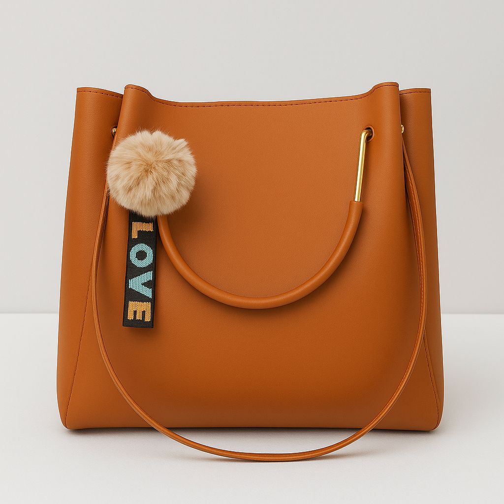 Trendy Brown Hobo Handbag with Detachable Pom-Pom & LOVE Keychain – Stylish Office & Casual Shoulder Bag for Women