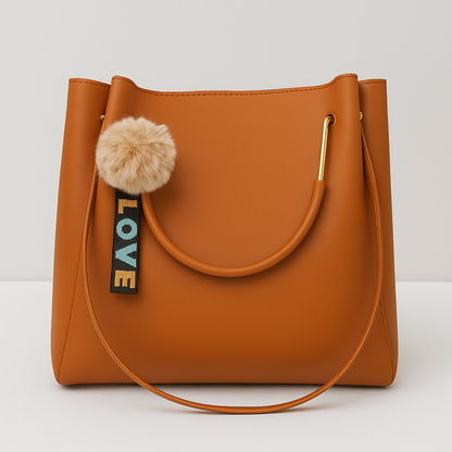 Trendy Brown Hobo Handbag with Detachable Pom-Pom & LOVE Keychain – Stylish Office & Casual Shoulder Bag for Women