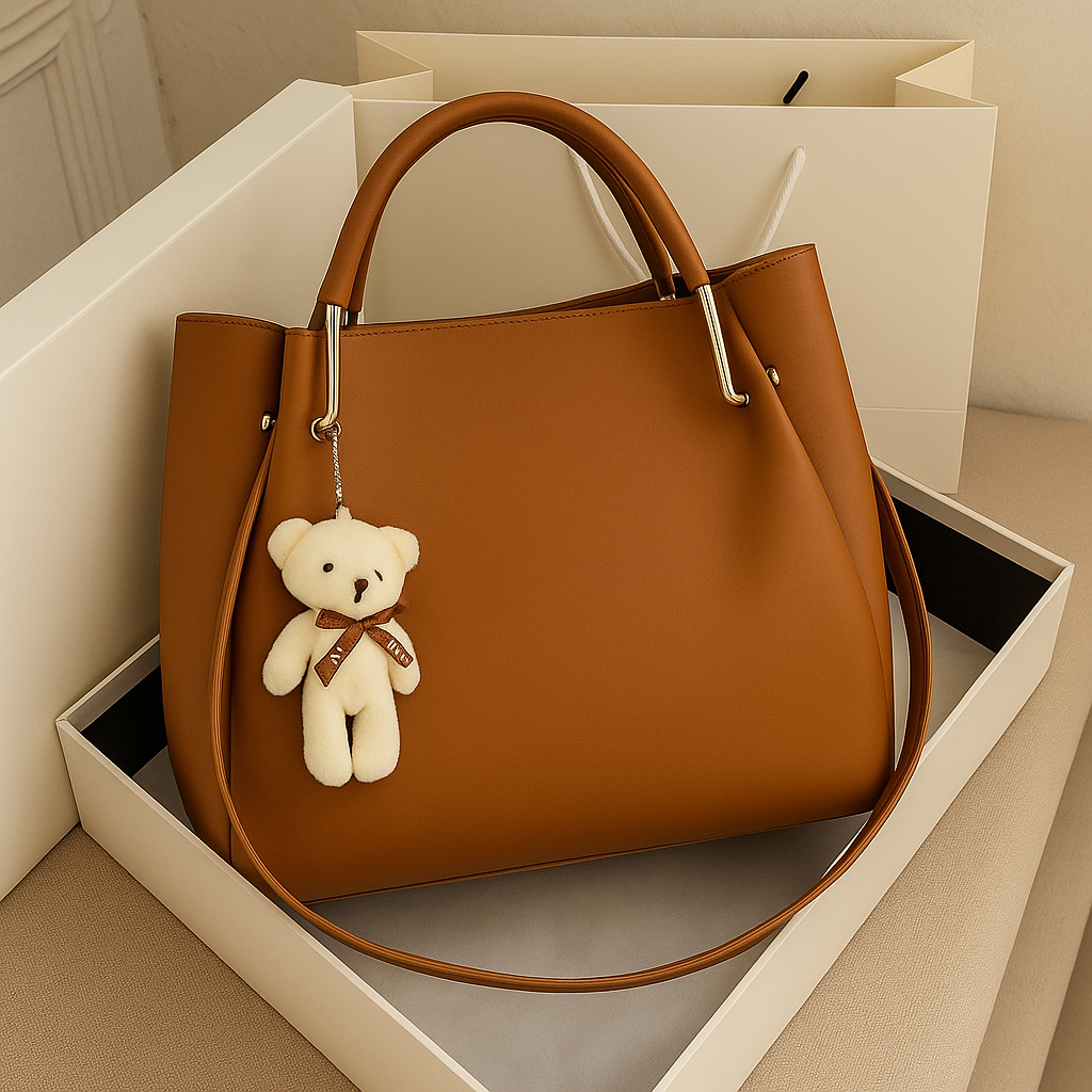 Trendy Brown Hobo Handbag with Teddy Bear Charm – Stylish Shoulder & Office Bag for Women