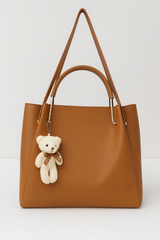 Trendy Brown Hobo Handbag with Teddy Bear Charm – Stylish Shoulder & Office Bag for Women