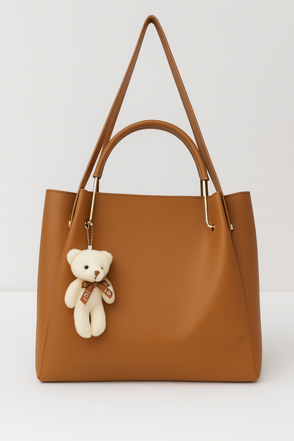 Trendy Brown Hobo Handbag with Teddy Bear Charm – Stylish Shoulder & Office Bag for Women