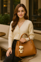 Trendy Brown Hobo Handbag with Teddy Bear Charm – Stylish Shoulder & Office Bag for Women